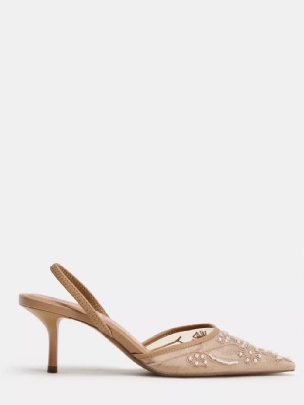 Zara Nude Embroidered Mesh Slingback Kitten Heels - Picture 7 of 7